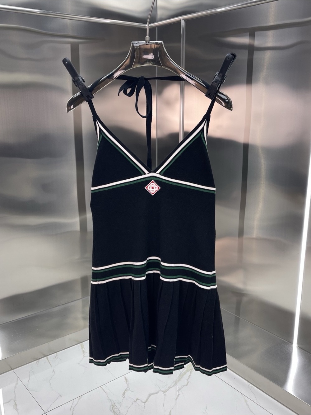 Casablanca Black Halter-Back Strappy Chemise with Green & White Stripe Trim